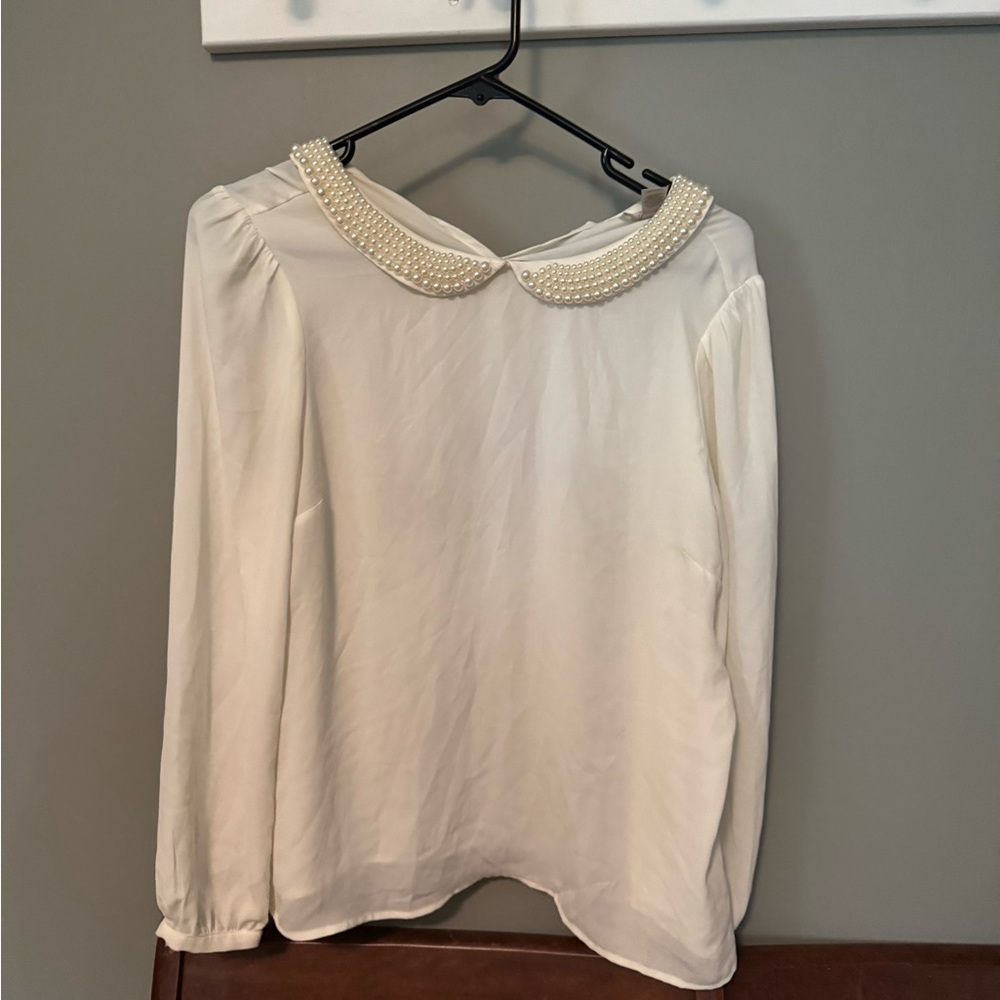 Elegant Cream Blouse with Pearl Collar